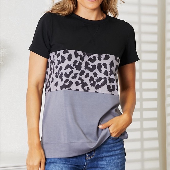 NEW Double Take Leopard Print Color Blocked Short Sleeve T-Shirt Top - Picture 1 of 9